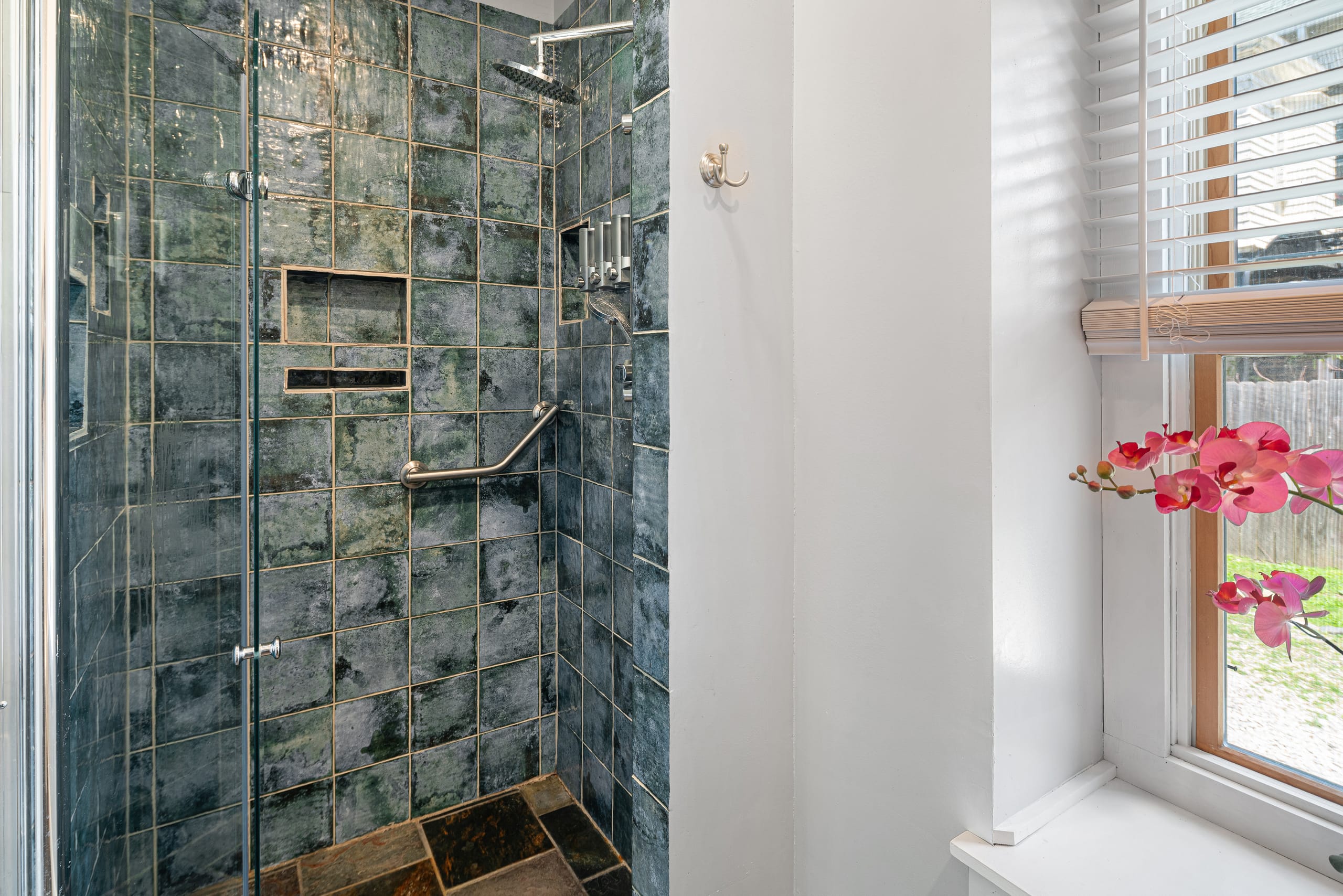 Blue glass-tile shower